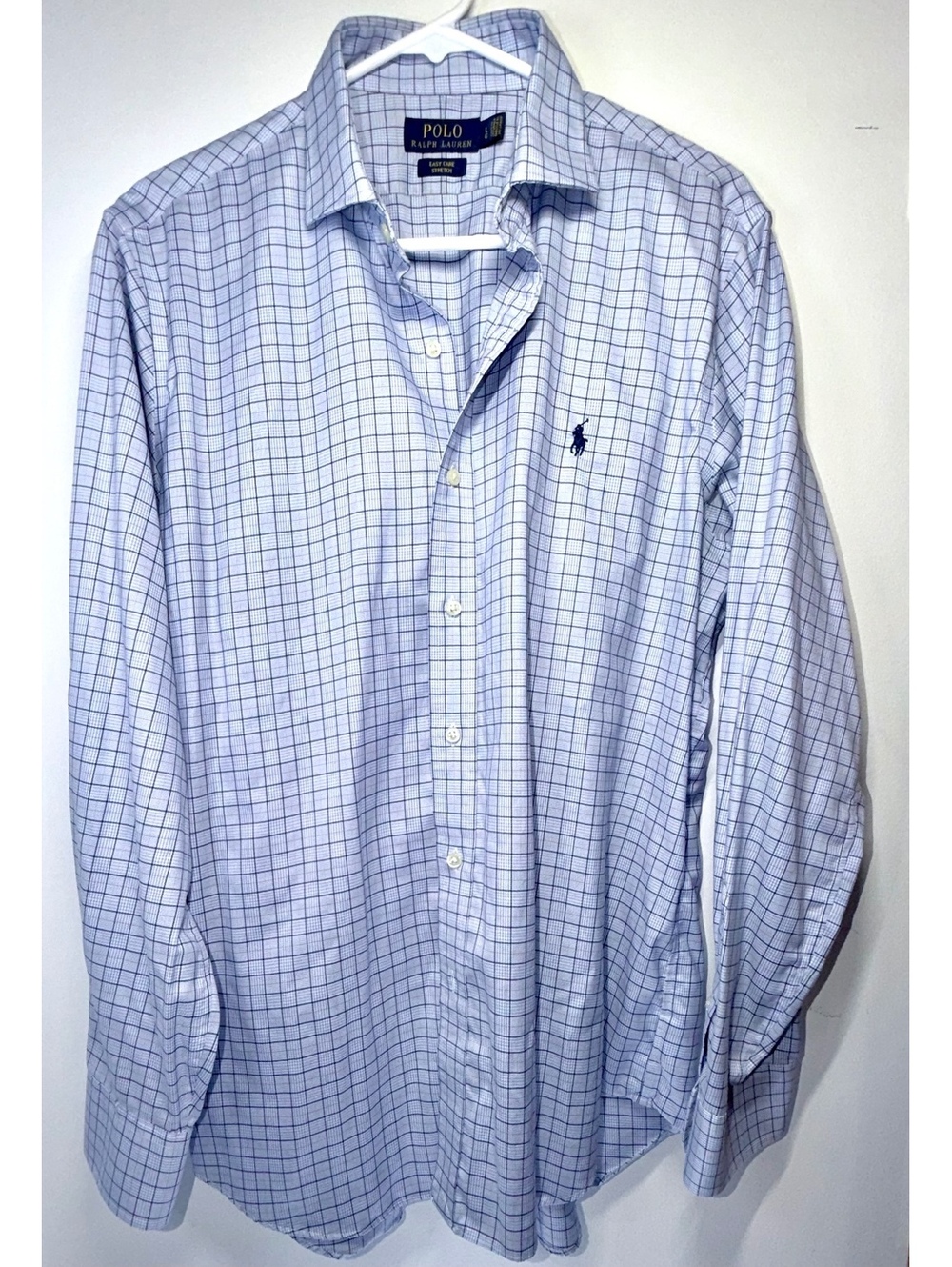 Polo Ralph Lauren Men's Large Easy Care Stretch Blue Check Dress Shirt